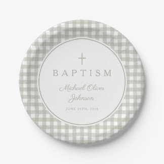 Elegant Sage Green Gingham Boy Baptism Paper Plate