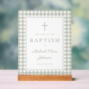 Elegant Sage Green Gingham Boy Baptism Welcome Acrylic Sign