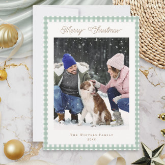 Elegant Sage Green Gingham Family Photo Christmas Holiday Card