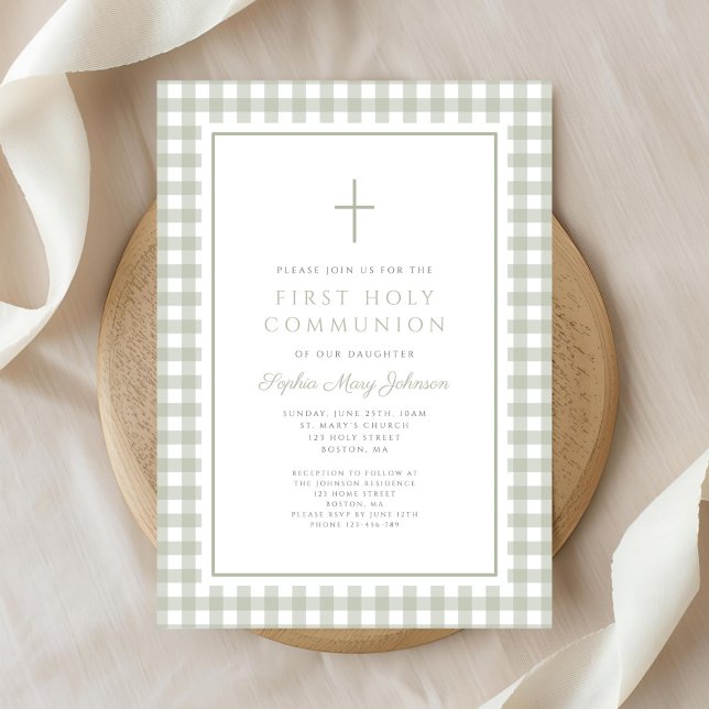 Elegant Sage Green Gingham Girl First Communion Invitation (Elegant Sage Green Gingham Girl First Communion Invitation)