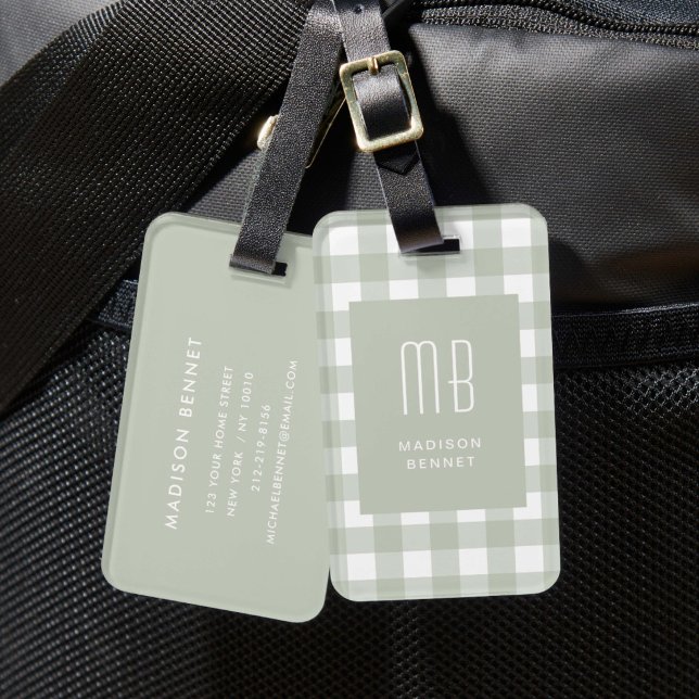 Elegant Sage Green Gingham Monogram Luggage Tag (Elegant Sage Green Gingham Monogram Luggage Tag)