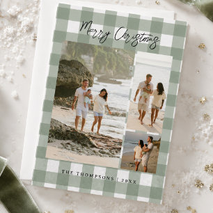 Elegant Sage Green Gingham Multi Photo Christmas Holiday Card