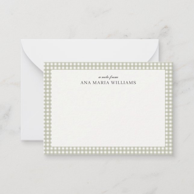 Elegant Sage Green Gingham Name Note Card (Front)