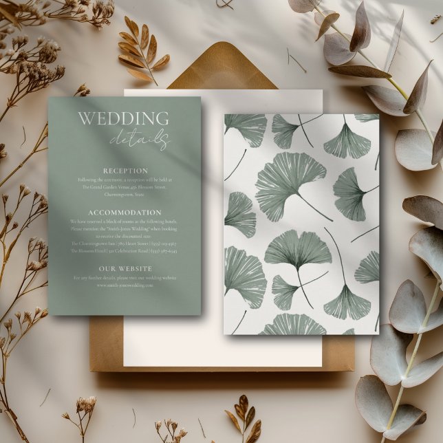 Elegant Sage Green Ginkgo Leaf Wedding Details Enclosure Card (Creator Uploaded)
