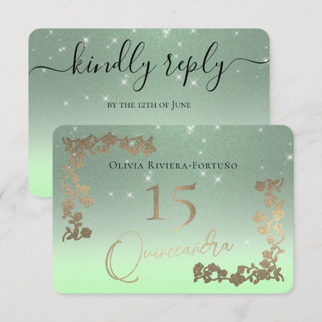Elegant Sage Green Glitter Chic Floral Quinceanera RSVP Card (Front/Back)