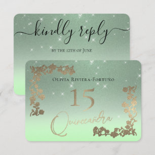Elegant Sage Green Glitter Chic Floral Quinceanera RSVP Card