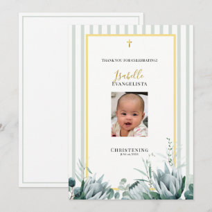 Elegant Sage Green Gold Christening Thank You Card