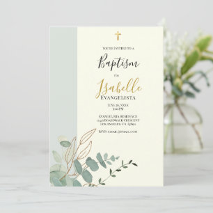 Elegant Sage Green Gold Eucalyptus Baptism Invitation