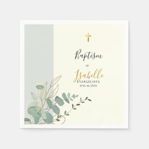 Elegant Sage Green Gold Eucalyptus Baptism Napkin