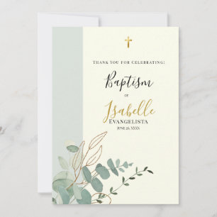 Elegant Sage Green Gold Eucalyptus Baptism Thank You Card