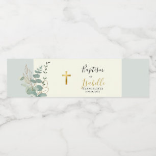 Elegant Sage Green Gold Eucalyptus Baptism Water Bottle Label