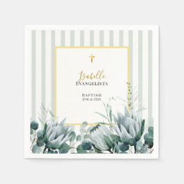 Elegant Sage Green Gold Floral Baptism Napkin