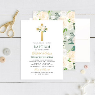 Elegant Sage Green Gold Floral Cross Baptism Invitation