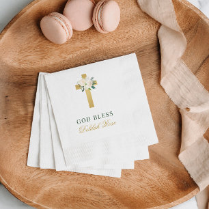 Elegant Sage Green Gold Floral Cross Baptism Napkin