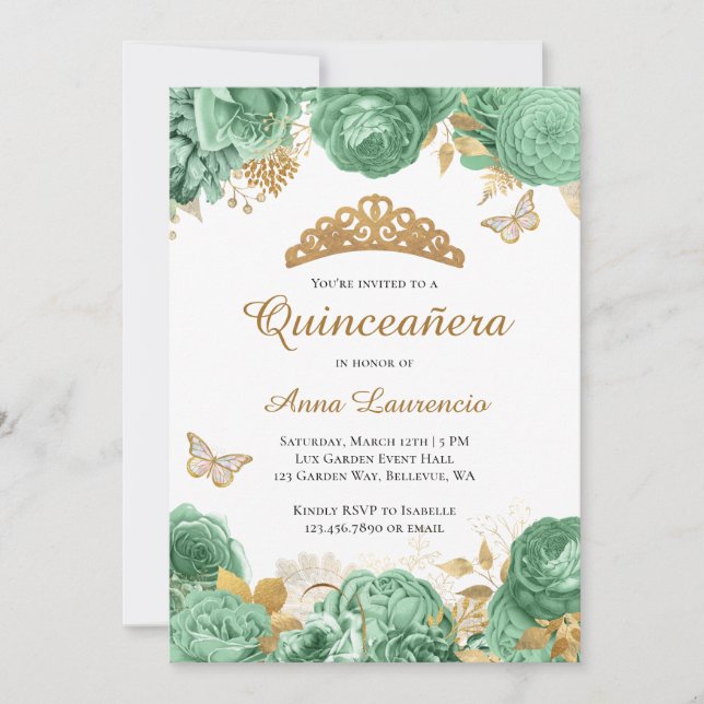 Elegant Sage Green Gold Floral Quinceanera Invitation (Front)