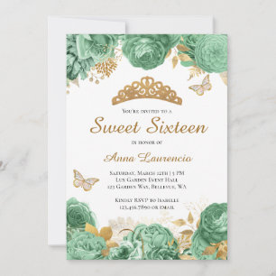 Elegant Sage Green Gold Floral Sweet 16 Sixteen Invitation