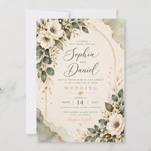Elegant Sage Green & Gold Floral Wedding Invitatio