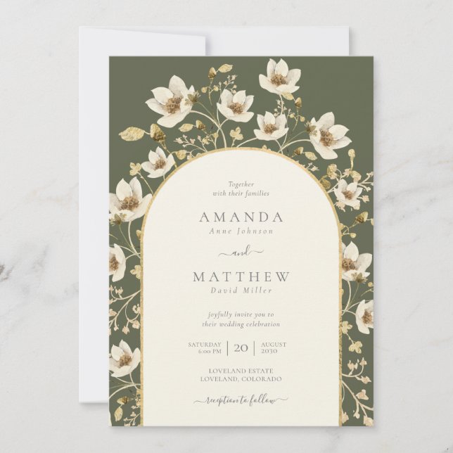 Elegant Sage Green Gold Floral Wedding Invitation (Front)