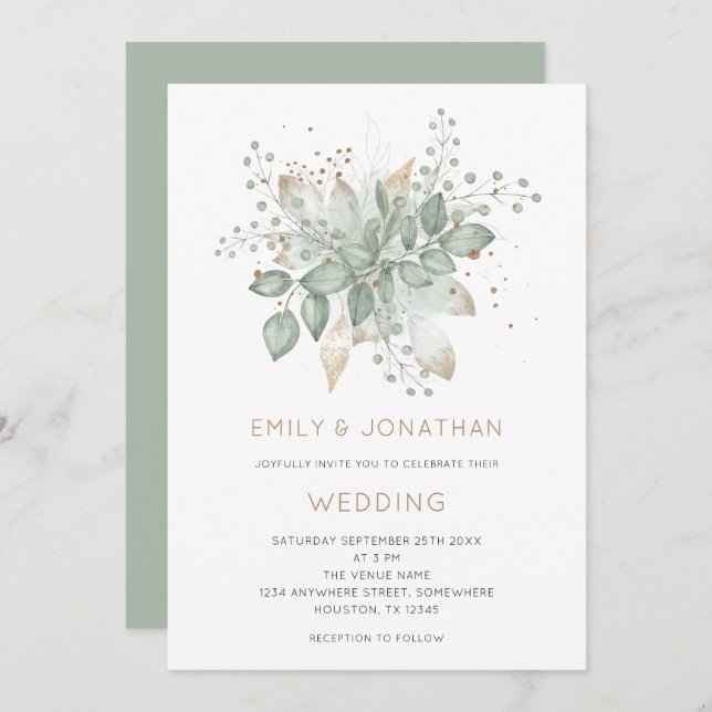Elegant Sage Green Gold Foliage Wedding Invitation (Front/Back)