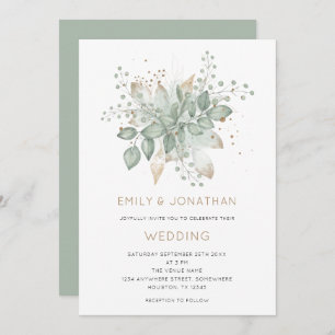 Elegant Sage Green Gold Foliage Wedding Invitation