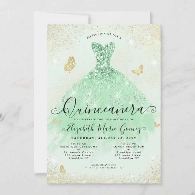 Elegant Sage Green Gold Glitter Gown Quinceanera Invitation (Front)