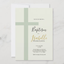 Elegant Sage Green Gold Minimal Cross Baptism