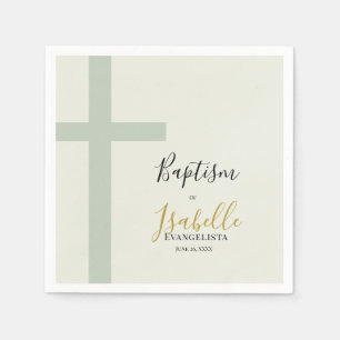 Elegant Sage Green Gold Minimal Cross Baptism Napkin