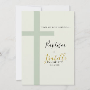 Elegant Sage Green Gold Minimal Cross Baptism Thank You Card