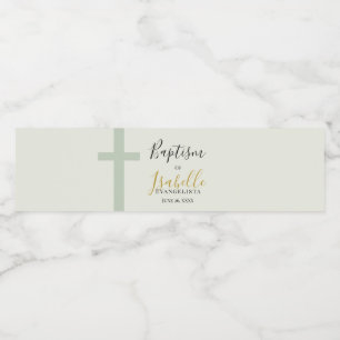 Elegant Sage Green Gold Minimal Cross Baptism Water Bottle Label