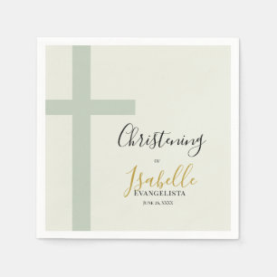 Elegant Sage Green Gold Minimal Cross Christening Napkin