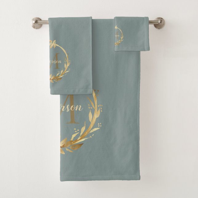 Elegant Sage Green Gold Monogram Eucalyptus Wreath Bath Towel Set (Insitu)