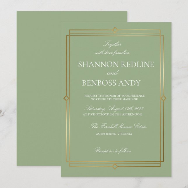 Elegant Sage Green & Gold Monogram Wedding Invitation (Front/Back)