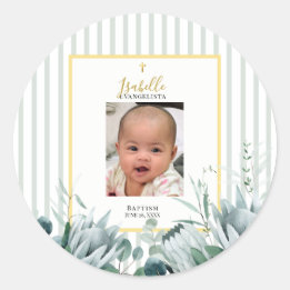 Elegant Sage Green Gold Photo Baptism Classic Round Sticker