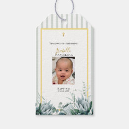 Elegant Sage Green Gold Photo Baptism Gift Tags