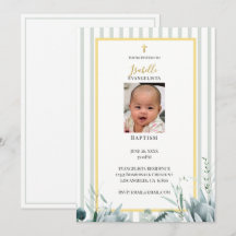 Elegant Sage Green Gold Photo Baptism Invitation