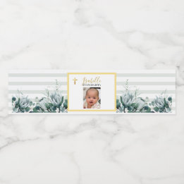 Elegant Sage Green Gold Photo Baptism Water Bottle Label