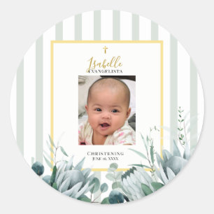 Elegant Sage Green Gold Photo Christening Classic Round Sticker