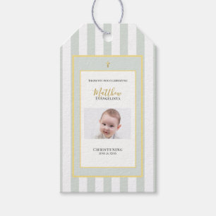 Elegant Sage Green Gold Photo Christening Favour Gift Tags