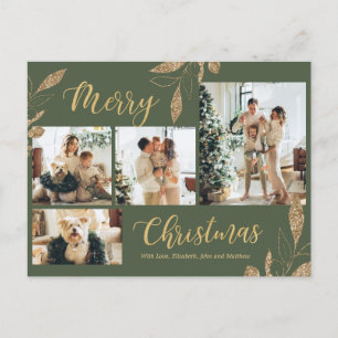 Elegant Sage Green Gold Photo Collage Christmas Postcard