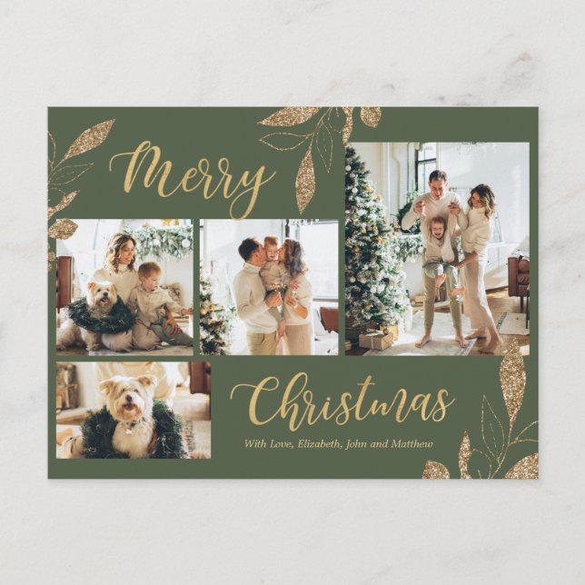 Elegant Sage Green Gold Photo Collage Christmas Postcard (Front)