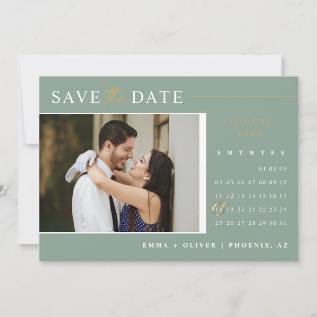 Elegant Sage Green Gold Save the Date Calendar Invitation (Front)