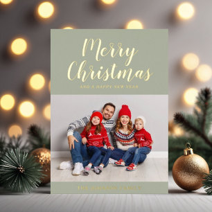 Elegant Sage Green Gold Script Christmas Photo Foil Holiday Card