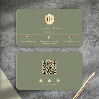 Elegant Sage Green Gold Shiny Circle Monogram Business Card