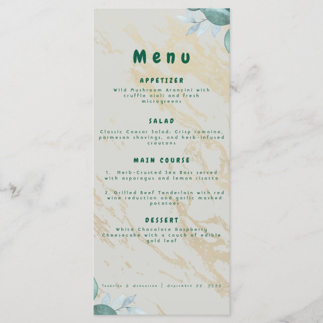 Elegant Sage Green & Gold Wedding Menu (Front)