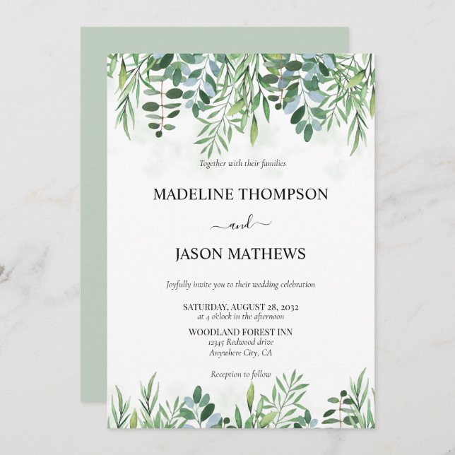 Elegant Sage Green Greenery Eucalyptus Wedding Invitation (Front/Back)