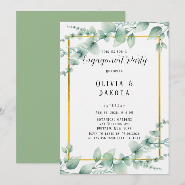 Elegant Sage Green Greenery Gold Engagement Party Invitation (Front/Back)