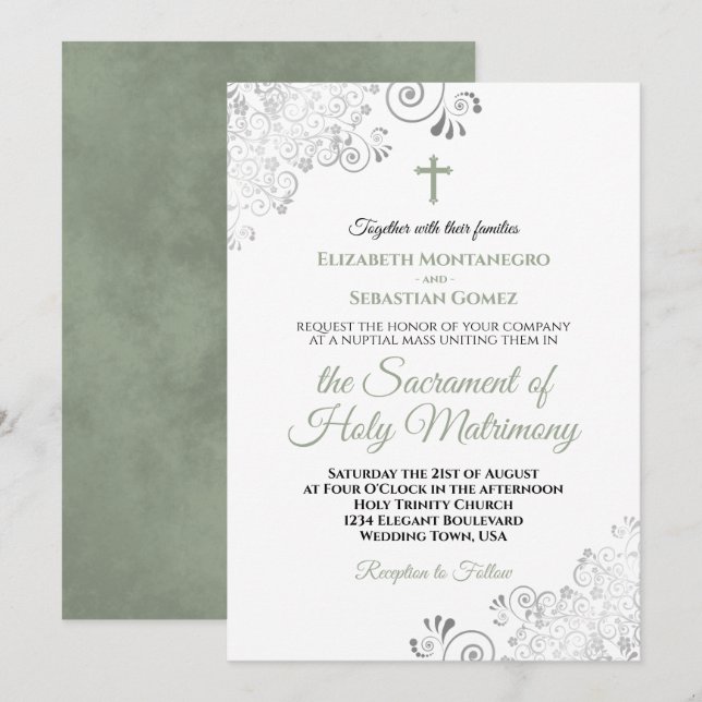Elegant Sage Green & Grey Modern Catholic Wedding Invitation (Front/Back)