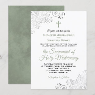 Elegant Sage Green & Grey Modern Catholic Wedding Invitation