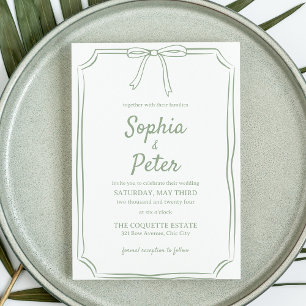Elegant Sage Green Hand-Drawn Bow Timeless Wedding Invitation
