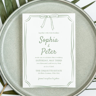 Elegant Sage Green Hand-Drawn Bow Timeless Wedding Invitation